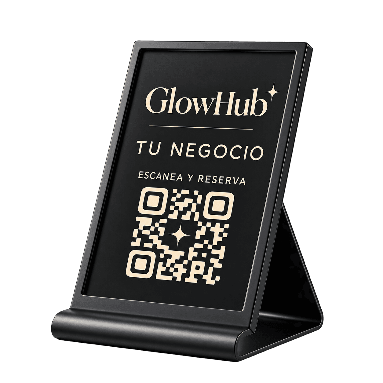 Pedestal de mostrador con marco negro, base y soporte trasero inclinado, con diseño GlowHub y QR referencial